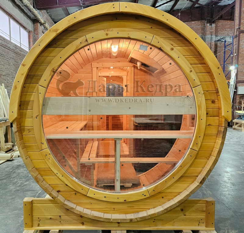 Баня-бочка «Орео» с боковым входом и панорамным окном